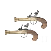 A pair of flintlock pocked pistols with brass blunderbuss barrels, probably from Belgium, circa 1800