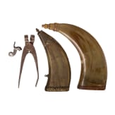 Three German horn powder flasks, early 19th century