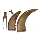 Three German horn powder flasks, early 19th century