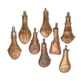 Eight copper powder flasks, three times C&J.W. Hawksley in Sheffield, second half of the 19th century