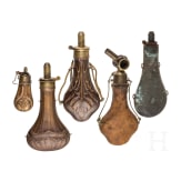 Five copper powder flasks, including three by James Dixon & Son&rsquo;s of Sheffield, second half of the 19th century
