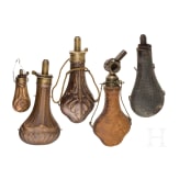 Five copper powder flasks, including three by James Dixon & Son&rsquo;s of Sheffield, second half of the 19th century