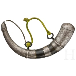 An Moroccan silver-mounted powder horn with hangers, 19th century
