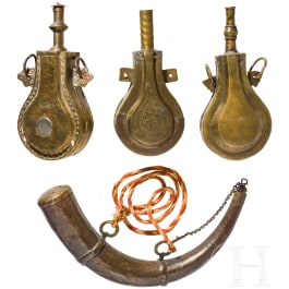 Three powder flasks and a powder horn, Morocco, circa 1900