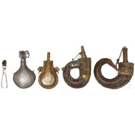 Four powder flasks from North Africa and India, 19th century