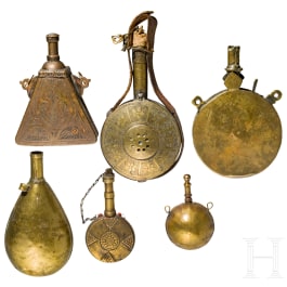 Six North African powder flasks, circa 1900
