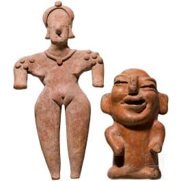 Weibliches Idol, Colima, Mexiko, 100 v. Chr. - 200 n. Chr., und eine groteske Terrakottafigur