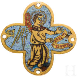 An early enameled and gilded bronze badge in shape of a cross, Limoge or Italy, 15th ct.