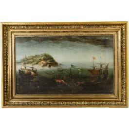 A painting Sea Battle, oil on wood, circa 1600