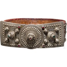 A Caucasian silver-mounted, nielloed belt with silver coins, dated 1870