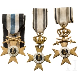 Three 1st class Military Merit Crosses , one ribbon sash