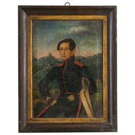 Portrait of a soldier in front of Staufen Castle, c. 1850