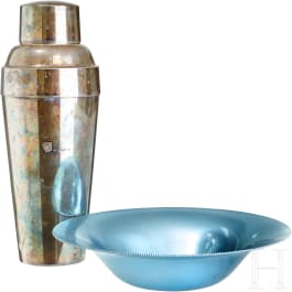 A Cocktail Shaker and Blue Bowl