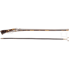 A heavy German bone-inlaid matchlock musket with musket support, dated 1589