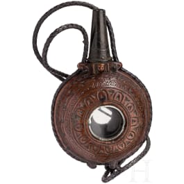 A rare French priming powder flask with viewing windows, 17th century