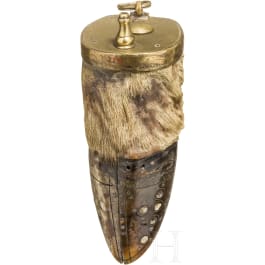 A silver inlaid powder flask made from a deer or mosse hoof, German, 18th century