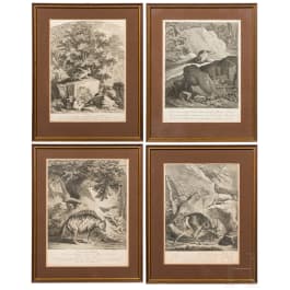 Johann Elias Ridinger, four framed copper engravings showing wild animals, Augsburg, ca. 1760