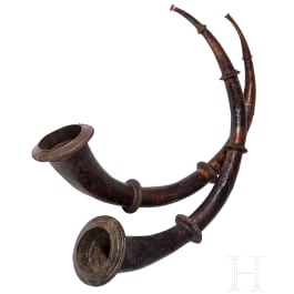 A pair of Tibetan or Nepalese copper ritual horns, 19th century
