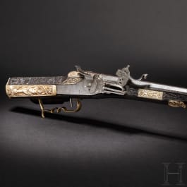 Luxus-Radschlossb&uuml;chse mit reich geschnitztem Schaft im Stil um 1680, Historismus unter Verwendung alter Teile