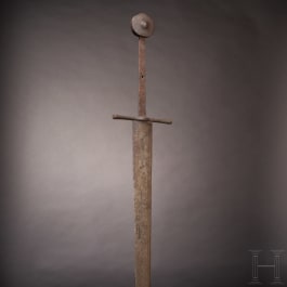 Seltenes zweihändiges Kampfschwert mit schwerer einschneidiger Klinge, deutsch, um 1350 - 1400