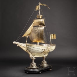 A magnificent French or German table centrepiece in the shape of a large ivory ship, 1st half of the 19th century