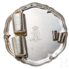 An officer's gift of silver, tray with four cups, from aristocratic property, circa 1900