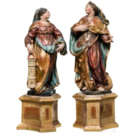 Two southern German wooden statues of St. Cathrine and St. Barbara, mid-18th century