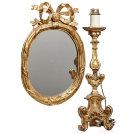 A fine German carved and original Louis XVI mirror with Baroque altar candle stick, 18th century