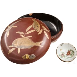 A round lacquer box and a porcelain tea bowl, Japan, Meiji-Period and China, respectively