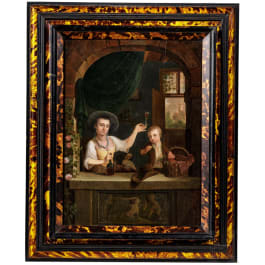 A German New Master painting with lady, boy and dog at window, circa 1800