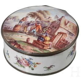 A large French hand-painted and enameled box, probably Strasbourg, circa 1770