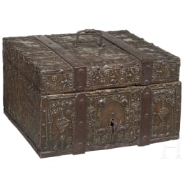 A North German wooden strongbox with brass sheet, dated 1749