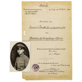 An award certificate for the Badge for Observation Officers in contemporary copy, dated 1917