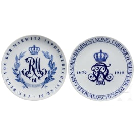 Two Meissen regimental plates of the Grenadier Regiment of King Frederick William IV (1st Pomeranian) No. 2 and the Infantry Regiment of the Marwitz (8th Pomeranian) No. 61