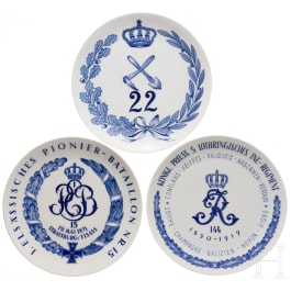 Three Meissen regimental plates of the 5th Lorraine Infantry Regiment and the Pioneer Battalions No. 15 and 22