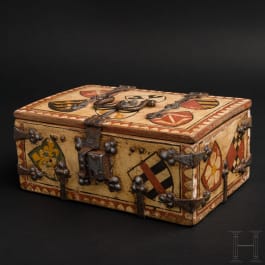 A German Gothic casket painted with heraldic shields, circa 1450