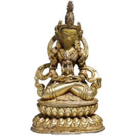 A gilded Tibetan bronze statue of Amithabha with an Amrita vessel, 18th century