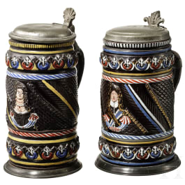 A pair of stoneware jugs in coloured enamel, Creußen, late 17th century