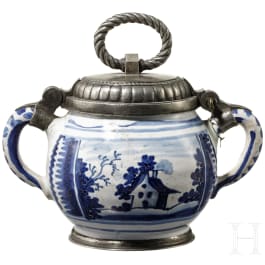 A German pewter mounted faience butter pot, Nuremberg, 18th century
