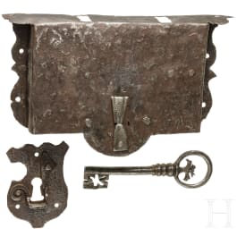 Truhenschloss mit Schlüsselschild, deutsch, 1. Hälfte 16. Jhdt.