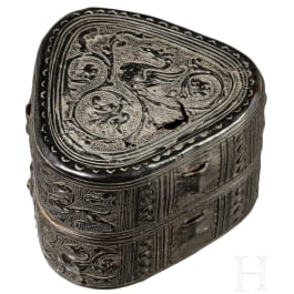 A triangular Italian Renaissance box made of embossed and carved leather, dated 1599