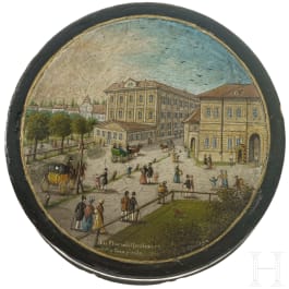 A signed papier maché and lacquer box with view of Mariahilfer Straße in Vienna, 19th century
