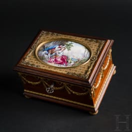 A Viennese brass-mounted wooden and enamelled jewel casket, circa 1830