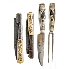 Two jack knives and two pieces of cutlery, 19th century