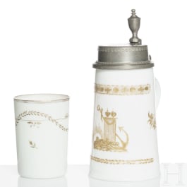 A pewter-mounted milk glass jug and a beaker, late 18th century