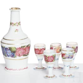 A Bohemian six-piece milk glass liqueur service, 19th century