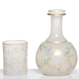 A Bohemian alabaster glass decanter with stopper and beaker, 19th century