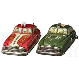 Two Marx tin cars, a Fire Department Chief Car No. 1 and a US-Army Military Staff Car W-601158