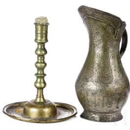 An Ottoman candlestick and a copper jug, 18th/19th century