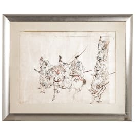 A Japanese ink drawing of a group of samurai, late Edo period